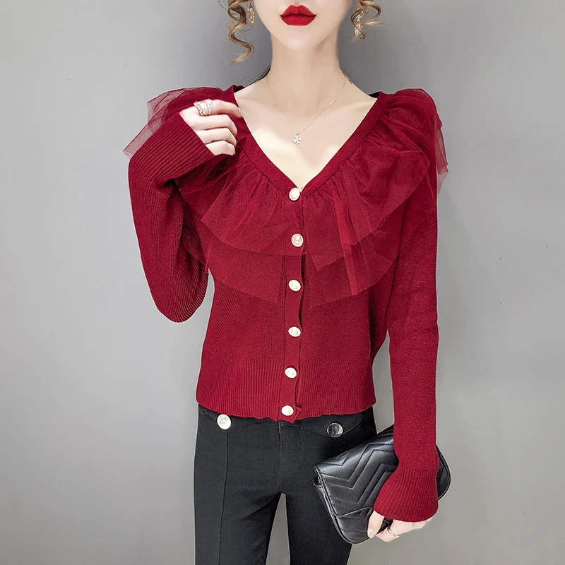 

Inner Bottoming Sweater Women's New Spring and Spring Lace V-neck Patchwork Cardigan Sweater Ins Top Fashion