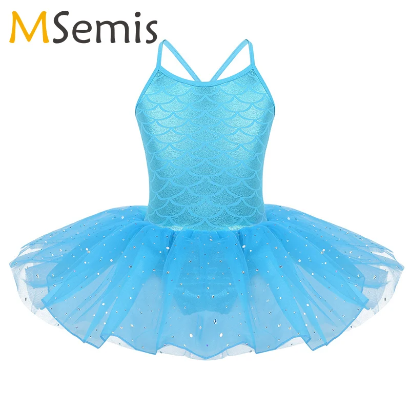 Kids Girls Ballet Dress Sparkly Mermaid Tutu Spaghetti Shoulder Straps Scales Pattern Printed Dance Gymnastics Leotard | Тематическая