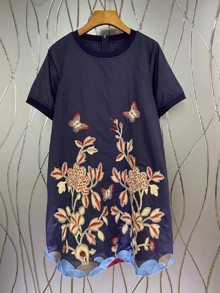 Vintage Retro Dress 2021 Summer Style Women Color Block Floral Embroidery Short Sleeve Casual Dark Blue Dress Cotton Linen