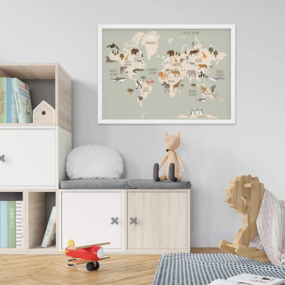 

Educational Animal World Map Picture Children Poster Nursery Wall Art Canvas Home Decor Print Painting