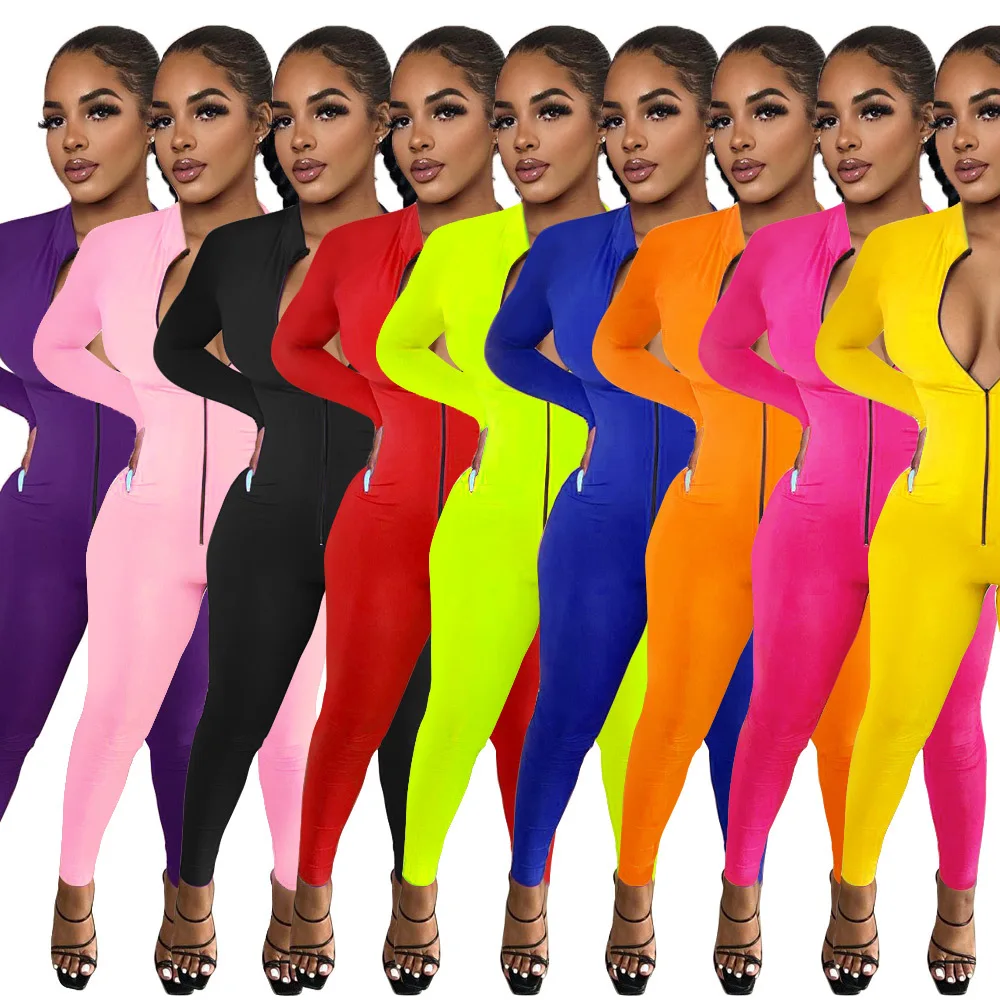 Женский однотонный комбинезон на молнии с воротником-стойкой и длинными