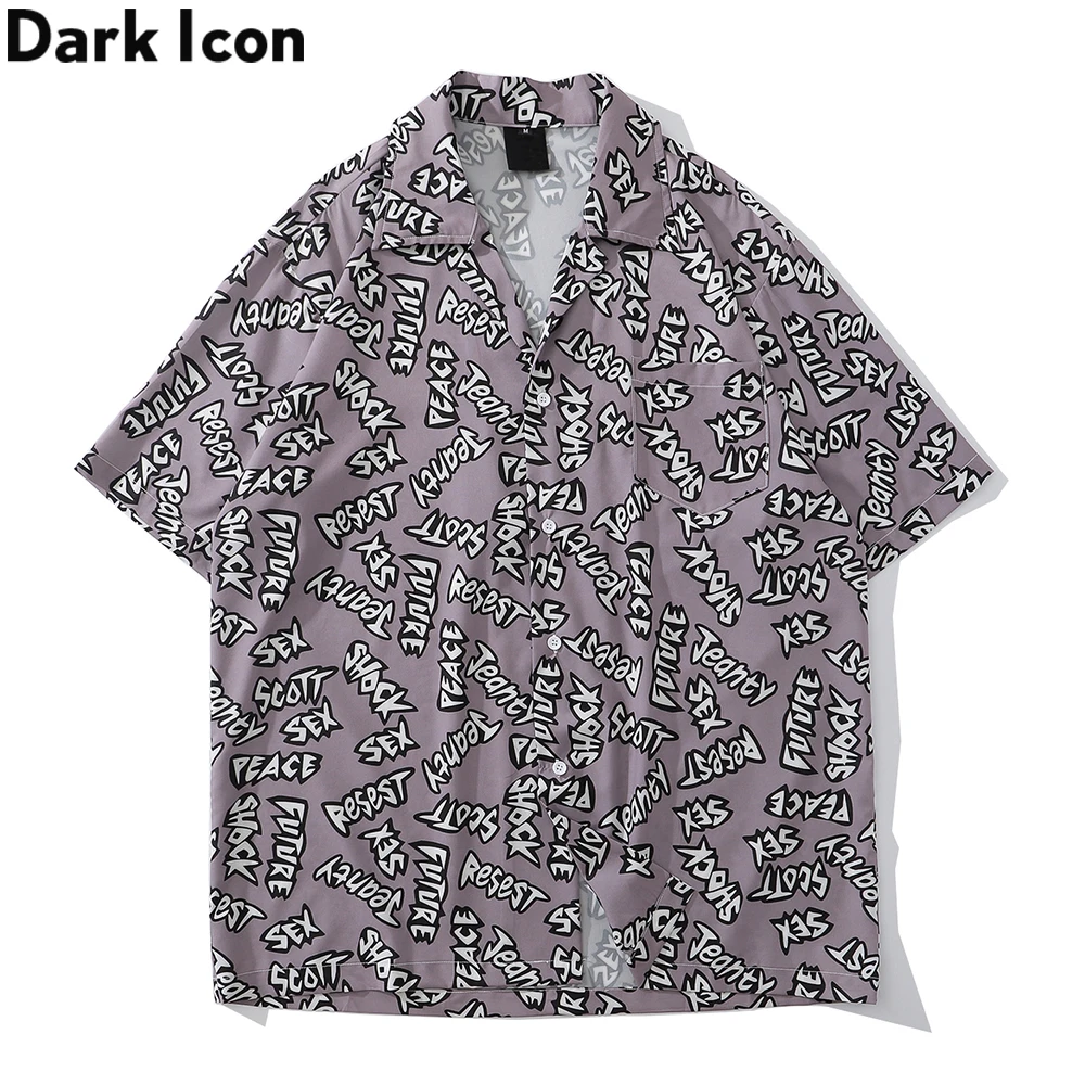 Мужская винтажная рубашка с принтом темных иконок уличная гавайская летняя