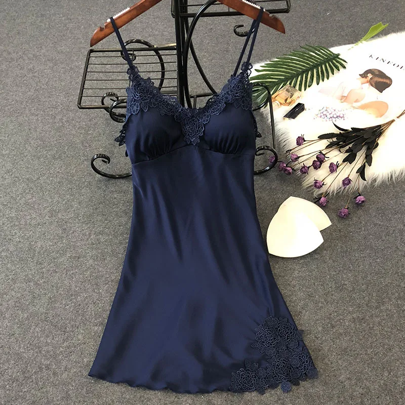 navy blue A Темно-синее сексуальное ночное белье для женщин Ночное кружевное белье Camisola женское новое платье для сна с халат ночная Свадебная сорочка - Цвет: navy blue A