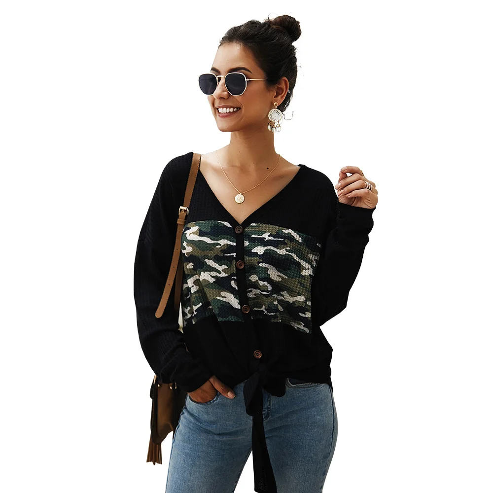 Свитер с v-образным вырезом и длинным рукавом Женский Повседневный Камуфляжный