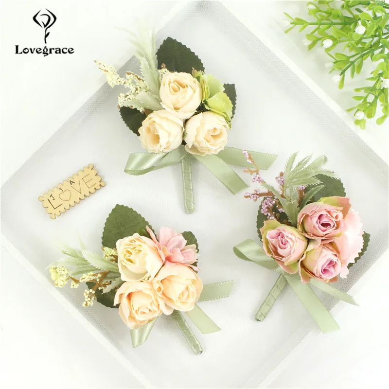 Wedding Boutonniere Silk Roses Corsage Wrist Bridesmaid Bracelet Flowers Groom Buttonhole Suit Accessories Broche Mariage