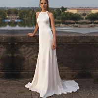 elegant halter mermaid wedding dress 2021 lace appliques sleeveless lace up brush train bride gown satin simple robe de mari%c3%a9e
