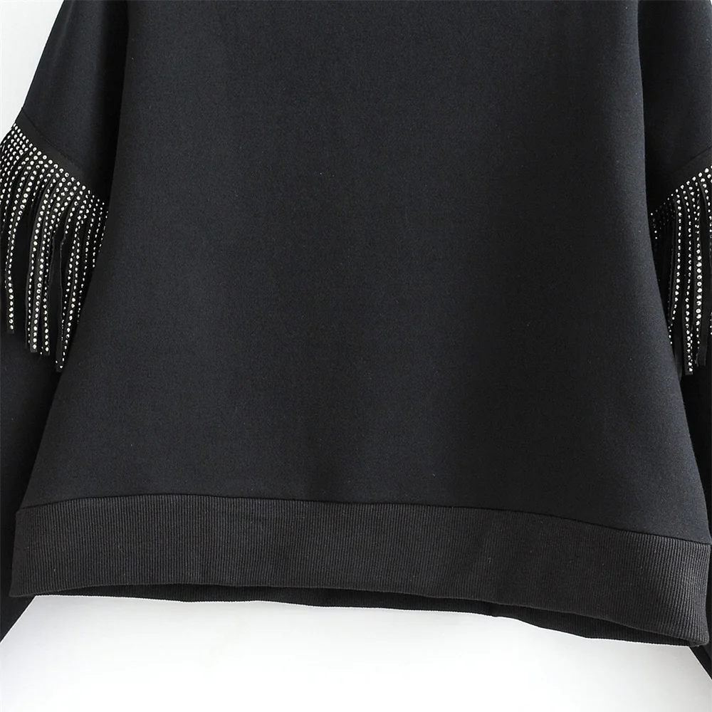 

Za women's early spring 2020 new round neck long sleeve rib decoration layer with color splicing bright tassel Hoodies