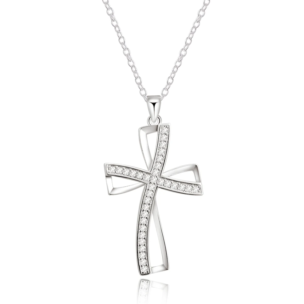 

Silver Color Necklace Jewelry Women Wedding Fashion Cross CZ Crystal Zircon Stone Pendant Necklace Christmas Gift