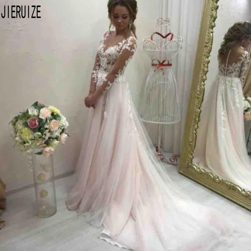 

JIERUIZE Blush Pink Boho Wedding Dresses Sheer Neck Long Sleeves Button Back Bridal Gowns Lace Appliques A Line Robe De Mariee