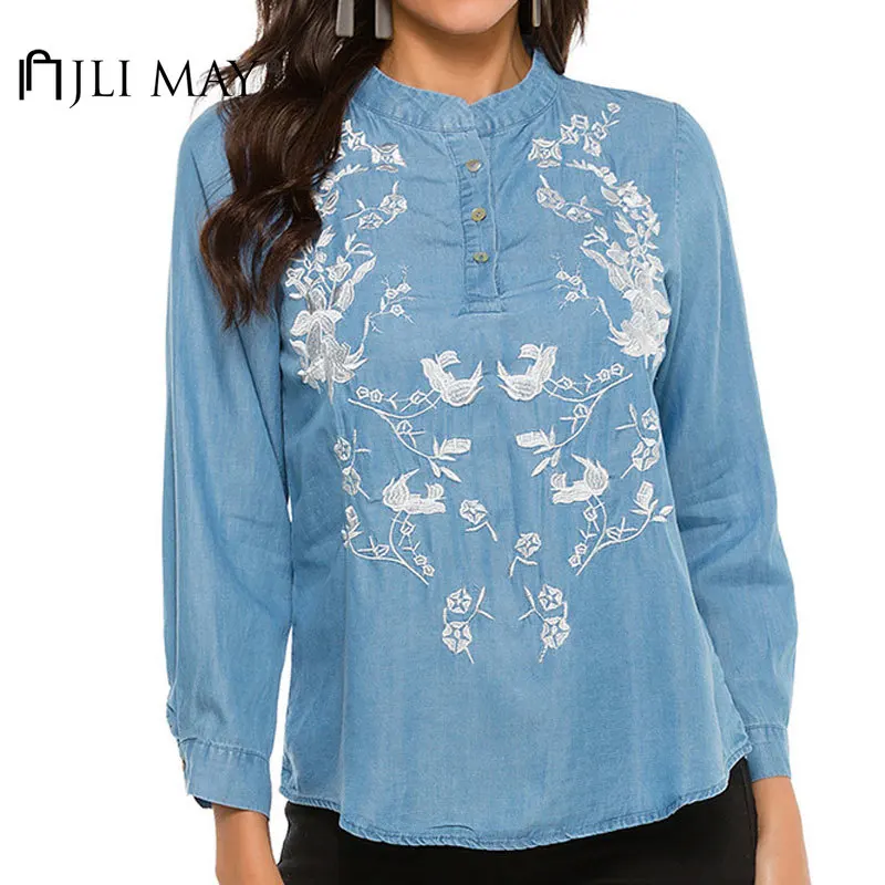 

JLI MAY Women Denim Blouse Cotton Solid Embroidery Stand Collar Long Sleeve Autumn Casual Loose Womens Shirts