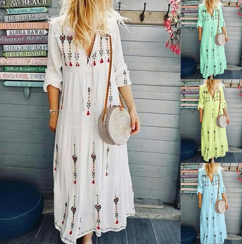 

WEPBEL Dress Spring and Summer High Waist Leisure Printed Loose Dress Women's Fashion V-neck Three Quarter Sleeve Dress