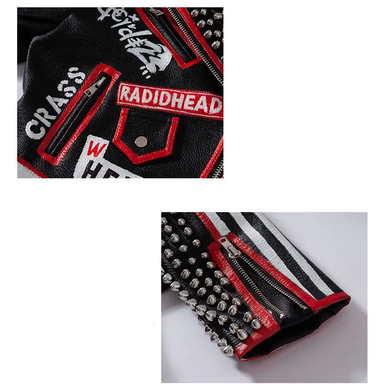 

Dj Costume Faux Leather Short Jacket Women Punk Style Graffiti Studded Rivet and Chain Fashion High Waist Motor Jackets