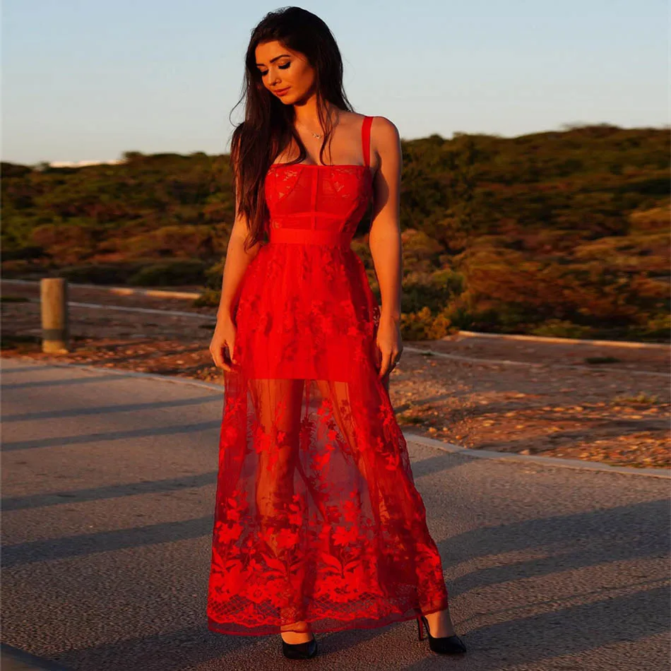 

2020 summer new bandage long dress women red spaghetti belt strapless embroidery dress sexy NightClub lace long dress Vestidos
