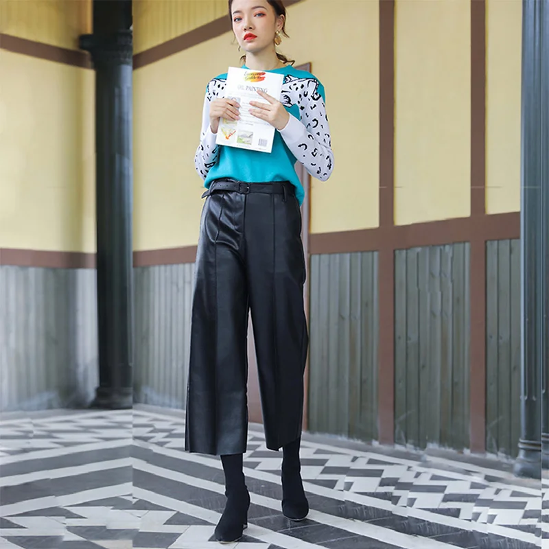 Autumn Faux PU Leather Pants Women With Belt High Waisted Wide Leg Anke-length Women's Trousers Winter NEW Fashion Clothes