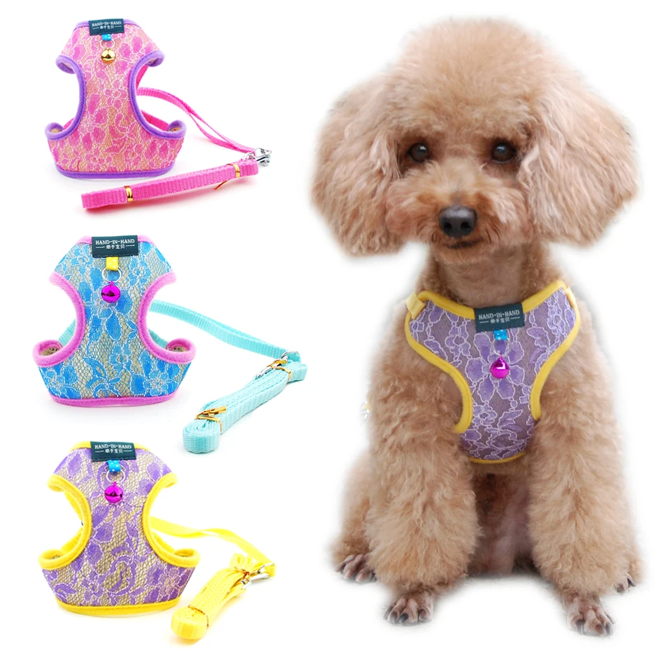 Dog Cat Lace Harness Vest Pet Products Adjustable with Bell Walking Lead Leash Puppy Polyester Mesh Harness for Small Medium Dog
