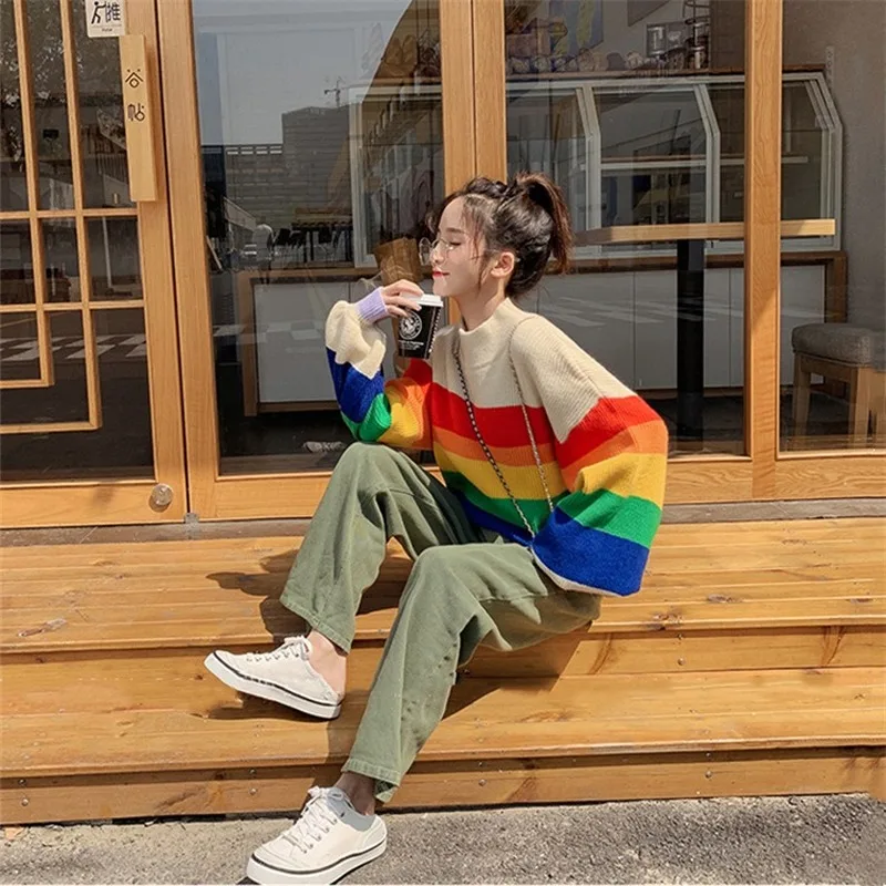 Harajuku Streetwear 2019 Autumn Rainbow Puff Sleeve Sweater Women Loose Knitting Pullovers Ladies Vintage Jumper Sueter Mujer | Женская