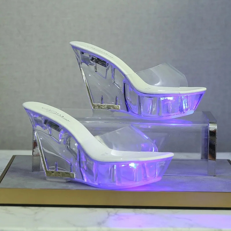 

Women LED Light Slippers Ladies Trend 10CM Wedge High Heels Nightclub Luminous Sandal Transparent Sole Catwalk Pole Dance Shoes