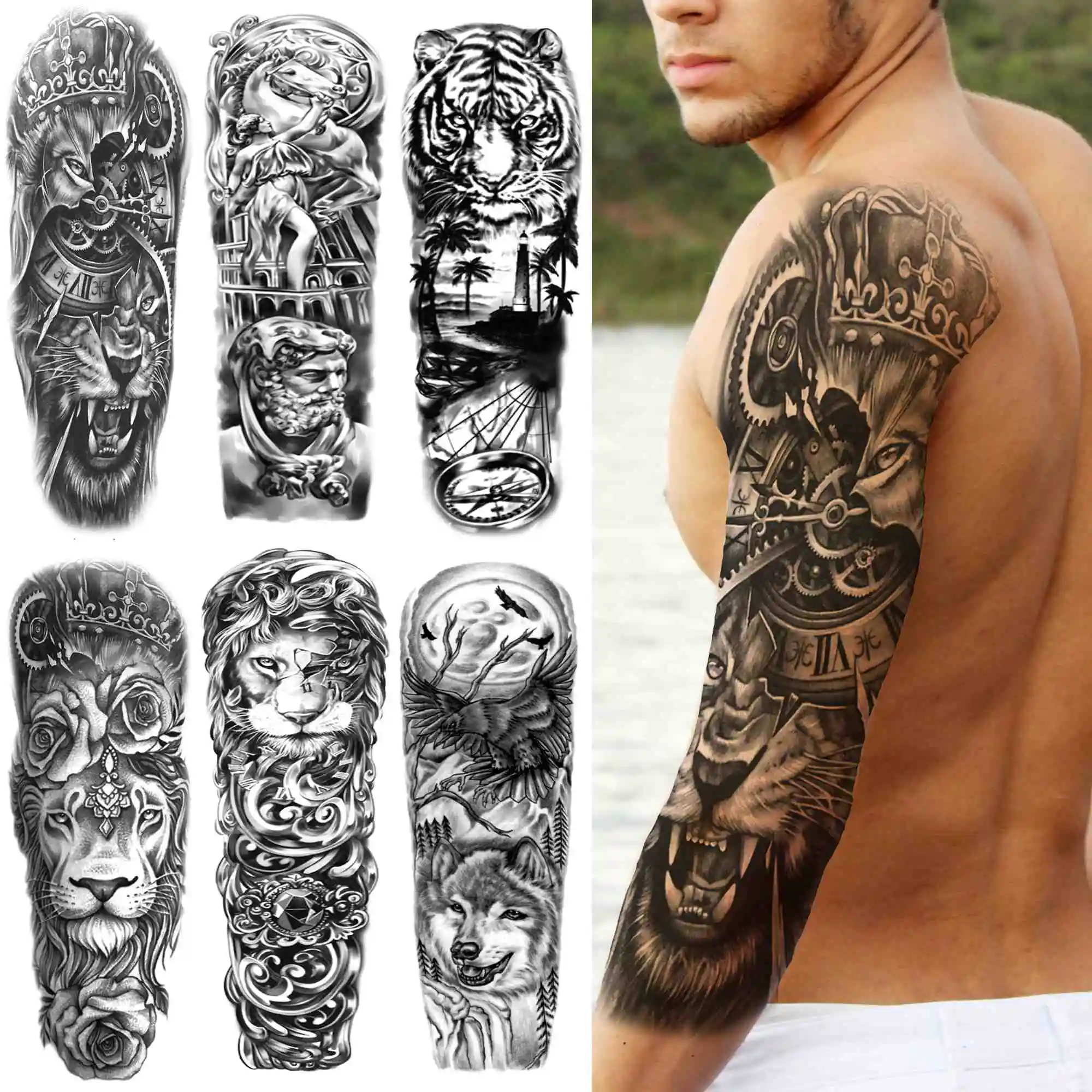Black Lion King Temporary Tattoos Sleeve For Men Women Fake Gear Tiger Full Arm Tattoo Sticker Realistic Animal Tatoo Waterproof
