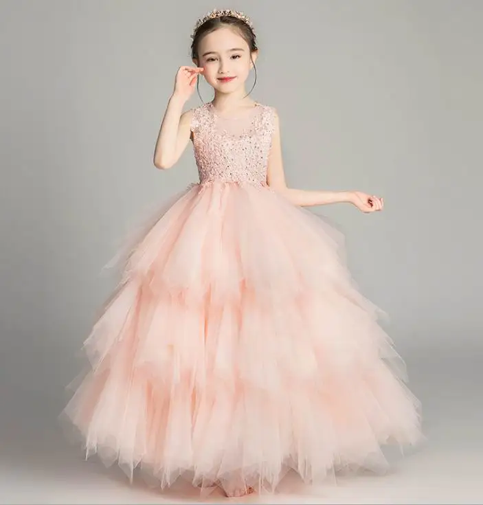 

Girls Evening Dress Embroidered Beading Party Dress Layered Ball Gown for Wedding Princess Dress Children Clothes 2-12Y E20259
