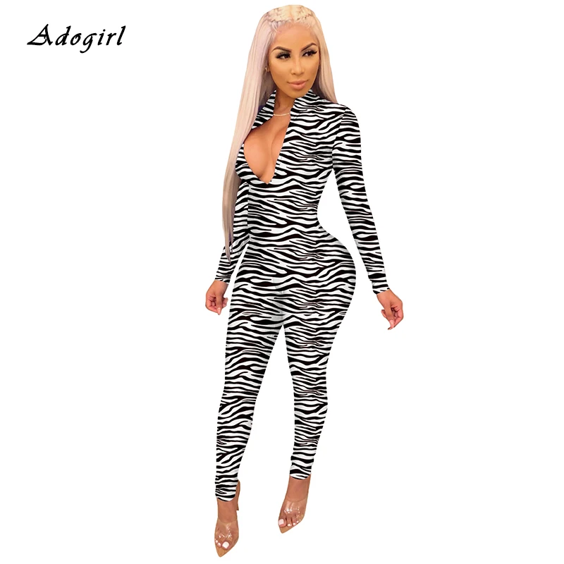 Женский Облегающий комбинезон с принтом зебры повседневный длинным рукавом и
