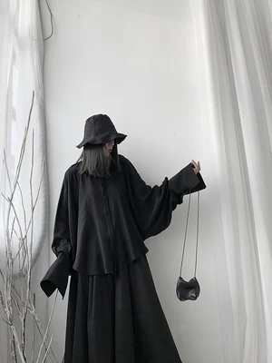 Женская Асимметричная рубашка Yamamoto темно синяя с длинным рукавом оригинальный