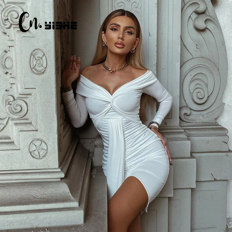 

CNYISHE, платье с длинным рукавом, воротником-лодочкой, рюшами и кулиской, 2021, зимнее женское модное сексуальное вечернее платье, сексуальные пл...