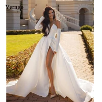 verngo newest 2022 satin a line wedding dresses unique neckline long sleeves side slit simple bridal gowns women robe de mariage