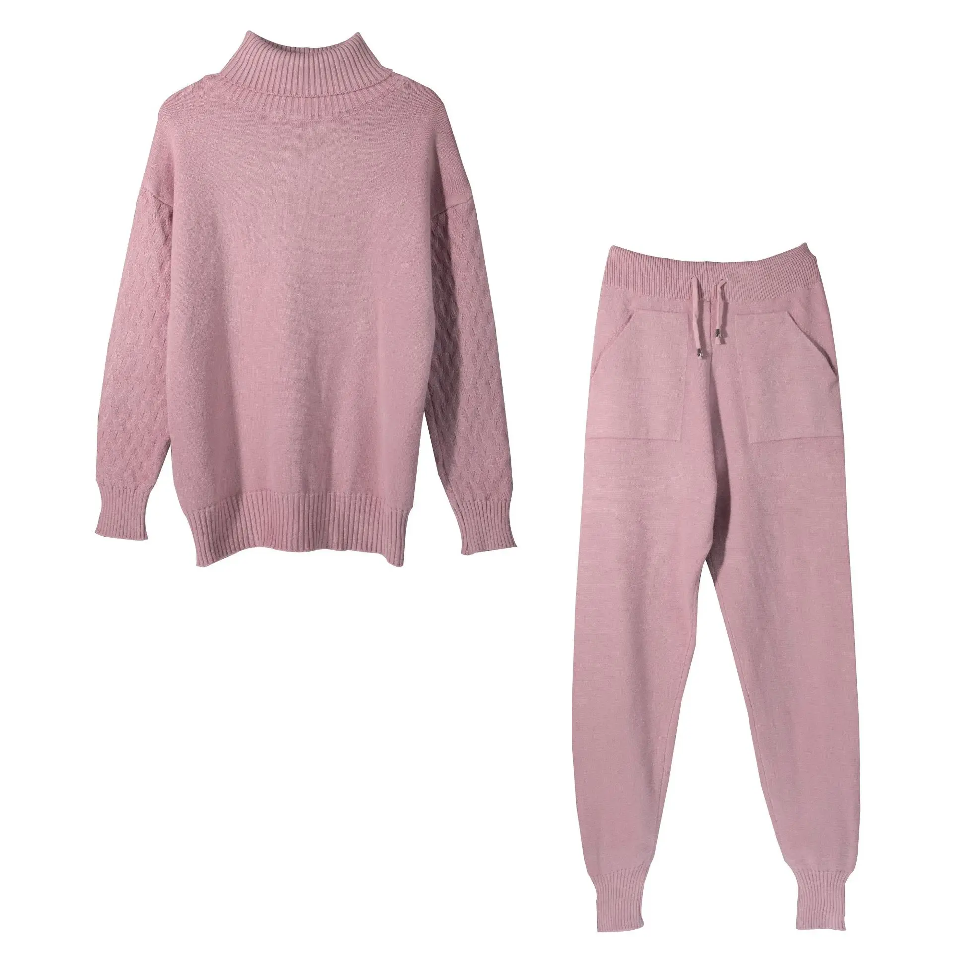 

Candy Color European Women Knit Sport Suits spring Turtleneck Women Sweater + Drawstring Harem Pants