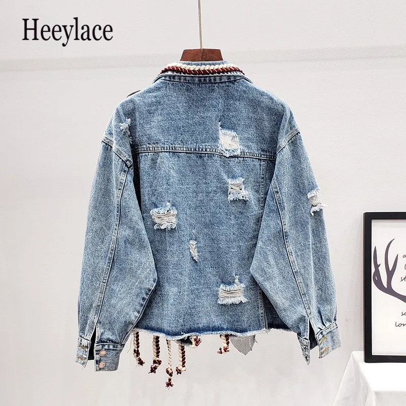 

2020 Autumn Denim Jackets Women Beading Korean Streetwear Fashion Ropa Vintage Mujer Cardigans Tassel Tops