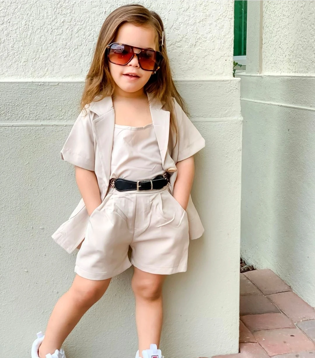 

Pudcoco Little Girls 3-Piece Outfit Set Solid Loose Short Sleeve Folded Collar Front Pockets Jacket Sling Top Short Pants Set