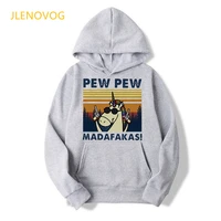 funny pew pew madafakas unisex gray hoodies womenmen catdogunicornpenguinduck with gun sweatshirt femme streetwear clothes