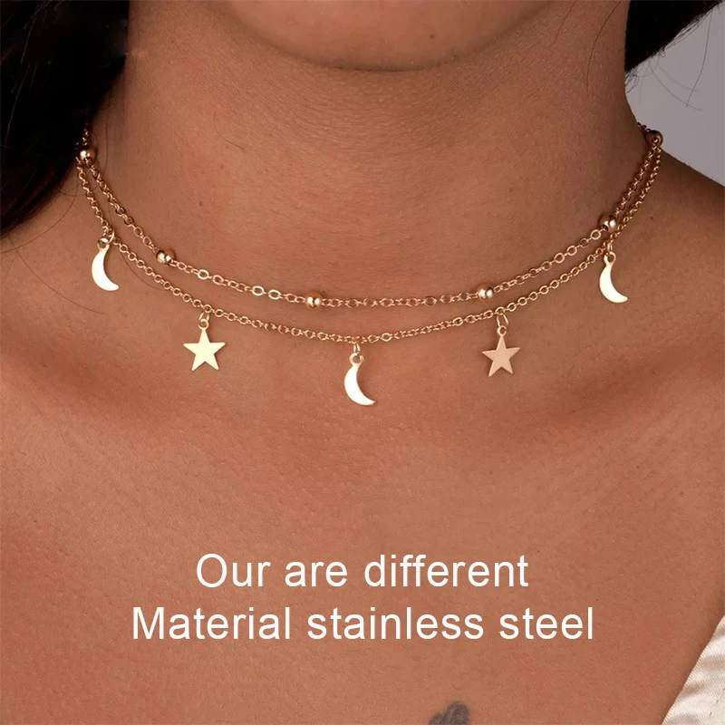

Fashion Multilayer Stainless Steel Pendant Necklace Women Gold Color Beads Moon Star Horn Crescent Double Chain Choker Necklaces