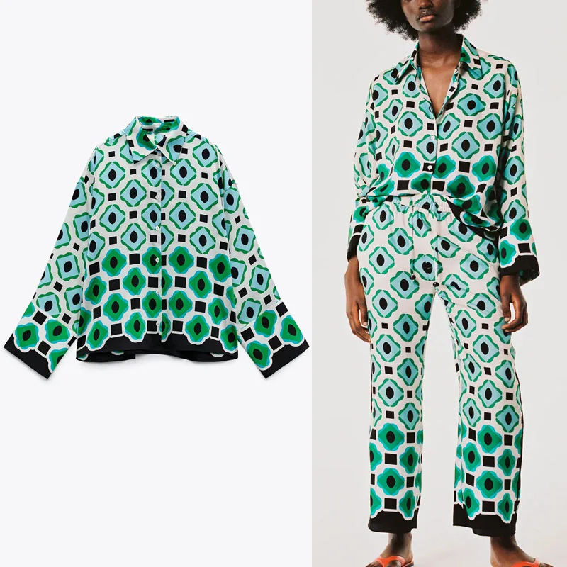 

2021 European And American Style Geometric Print Green Shirt Women's Long-sleeved Retro Chic Button Loose Top Summer Shirt
