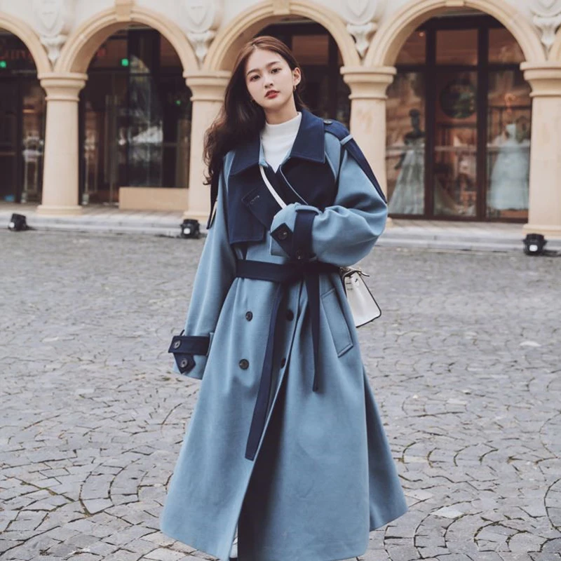 

Stitching Contrast Woolen Coat Women's Mid-Length Autumn Winter 2021 Korean Loose College Style Woolen Overcoat Female Clothes