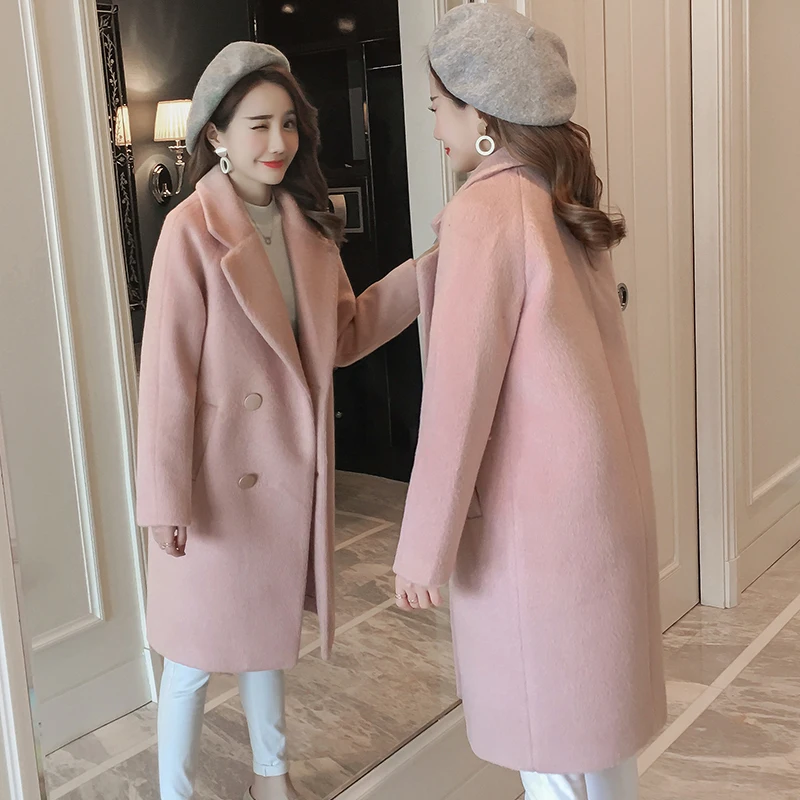 Autumn Winter Korean Overcoat Women 2021 Fashion Vintage Woolen Blend Coats Turn-Down Double Breasted Женская одежда