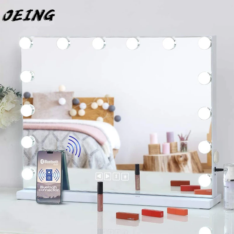 

Make-Up Mirror With Light And Bluetooth Speaker, With 14 Dimmable LED Light Bulb Make-UP Mirror, Suitable For Bedroom Or Desktop