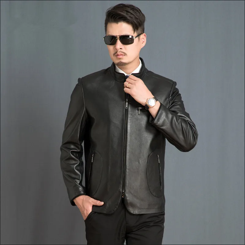 Повседневная кожаная мужская куртка из натуральной кожи черного цвета Пальто