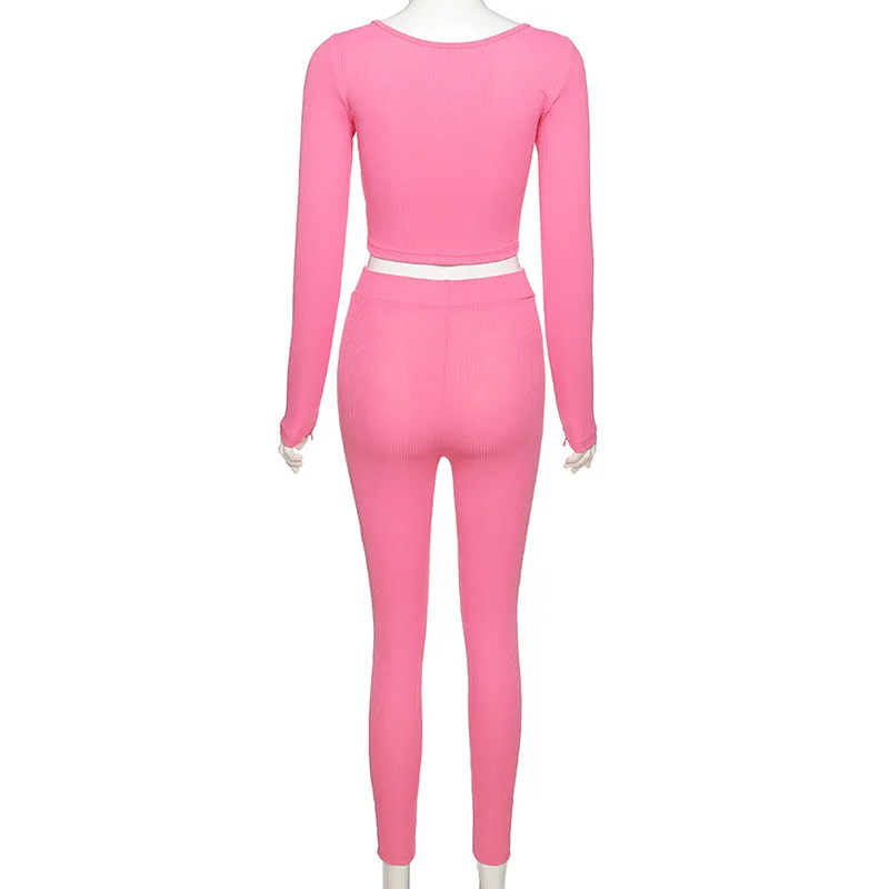 

New Sweatpants Workout Tracksuits Crop Sweatshirt Top Ribbed Legging Pants 2 Piece Set Women Casual Sportswear Long Sleeve Coat