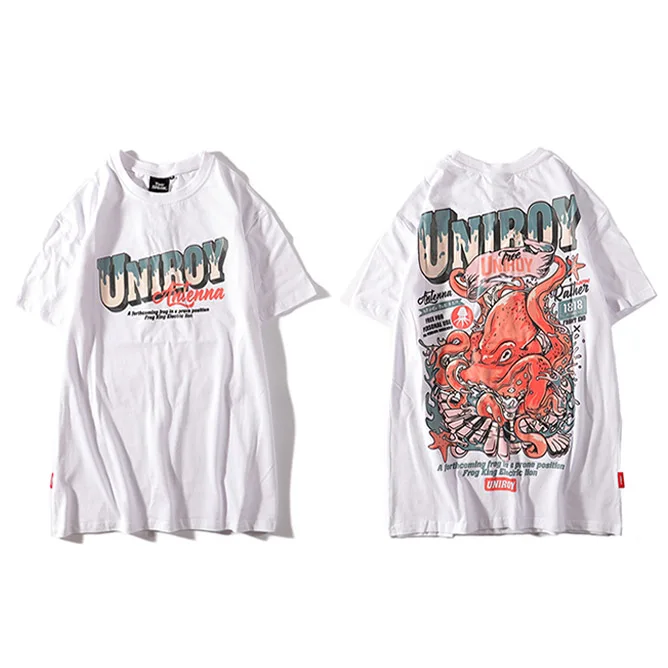 Харадзюку футболка Осьминог Мужская Хип-Хоп Футболка уличная летняя хлопчатобумажная футболка короткий рукав принт черные топы тройники уличная одежда - Цвет: A46UT32 White