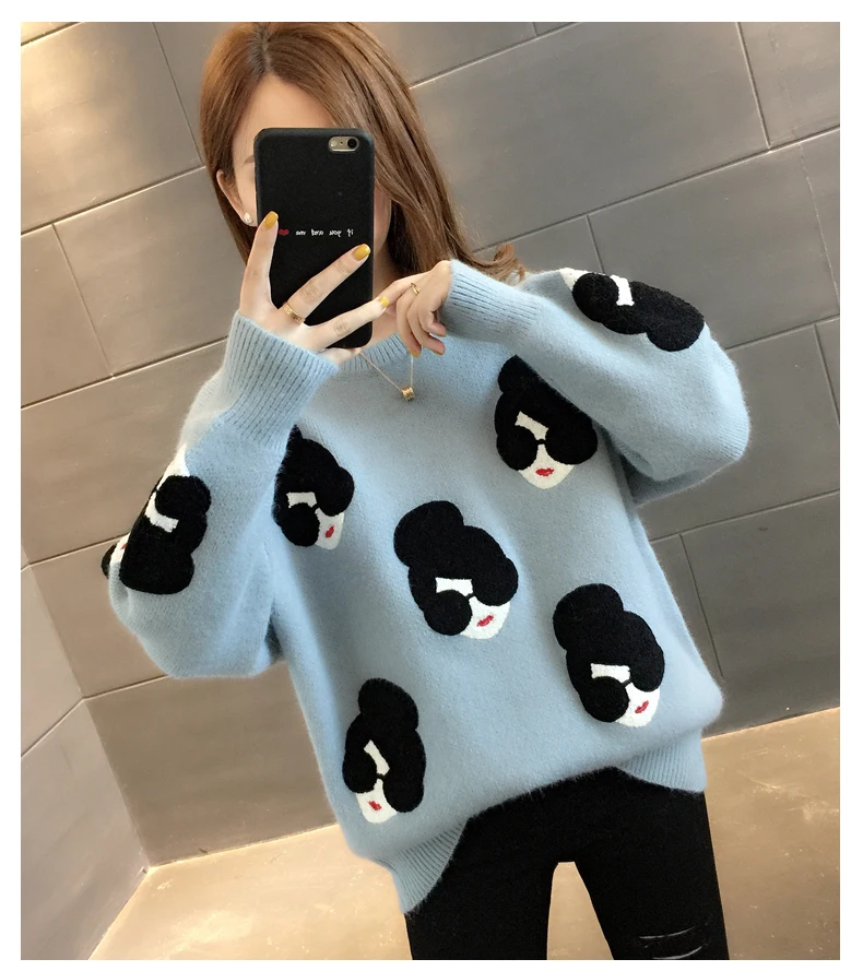 

2020 Fashion Girl Cartoon Pattern O-Neck Knitted Women Sweater Loose Female Pullovers Winter Warm Teenager Ladies Sweaters