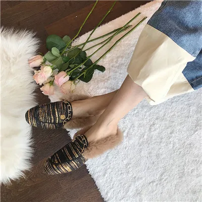 SLIPPER MOLAN/фирменный дизайн; коллекция года; Роскошная зимняя золотистая декоративная металлическая цепь; лоферы на плоской подошве с мехом; шлепанцы; Вьетнамки; Размеры 35-40; повседневная обувь - Цвет: SLIPPER
