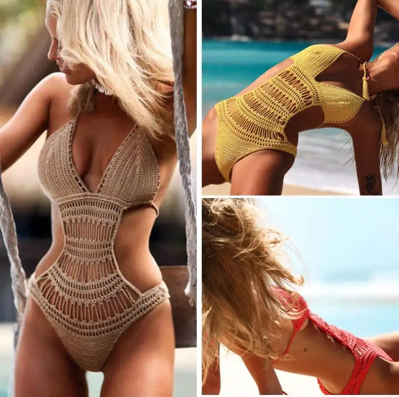 

Crochet one piece backless sexy monokini high cut Jumpsuit Knitting Bikini Set Swimwear Swimsuit Beachwear