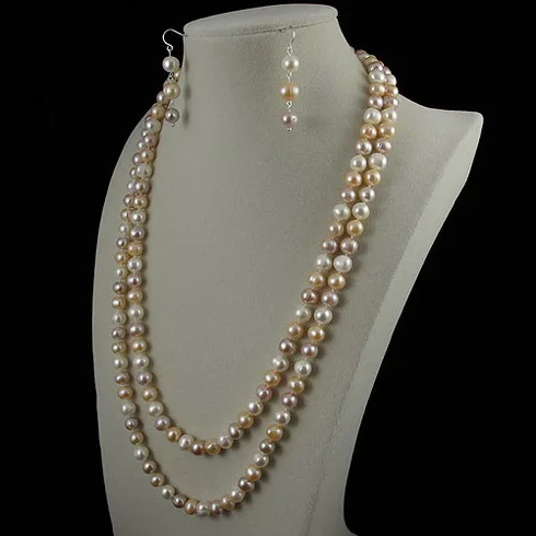 Серьги и ожерелье из натурального жемчуга 8-9 мм Длина 120 см