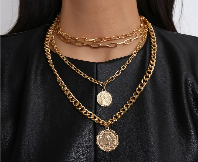 Винтаж Золотая монета с портретом ожерелья подвесками в богемном стиле Женские