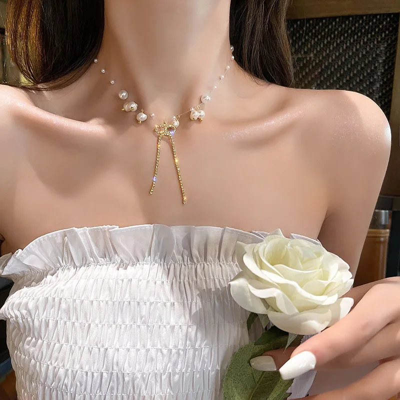 

2021 New Korean Trendy Zircon Pearl Long Tassel Color Butterfly Pendant Collar Necklace for Women Summer Travel Jewelry
