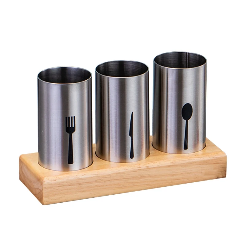 

Flatware Holder Stainless Steel Cutlery Basket with Wooden Base Stand for Forks