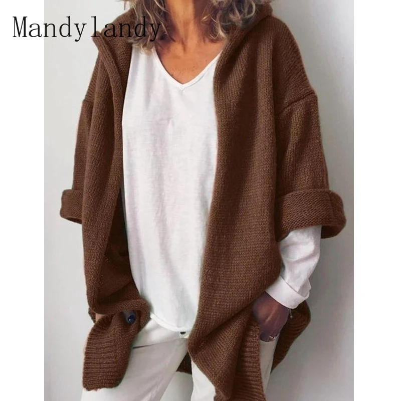 

Mandylandy Knitted Coat Spring Autumn Long Sleeve Hooded Knitted Sweater Coat Women's Casual Loose Solid Color Cardigan Coat
