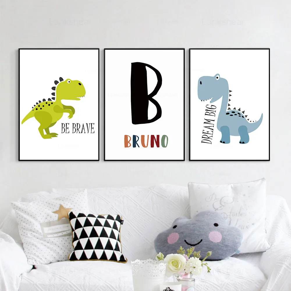 Динозавр животных печати пользовательское имя Wall Art Холст плакат для детской