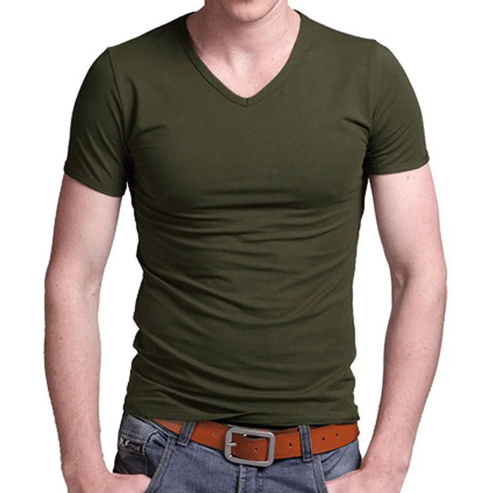 V Army green Стрейчевая Мужская футболка из лайкры с v-образным вырезом, одноцветная футболка с коротким рукавом для мужчин, облегающая футболка - Цвет: V Army green