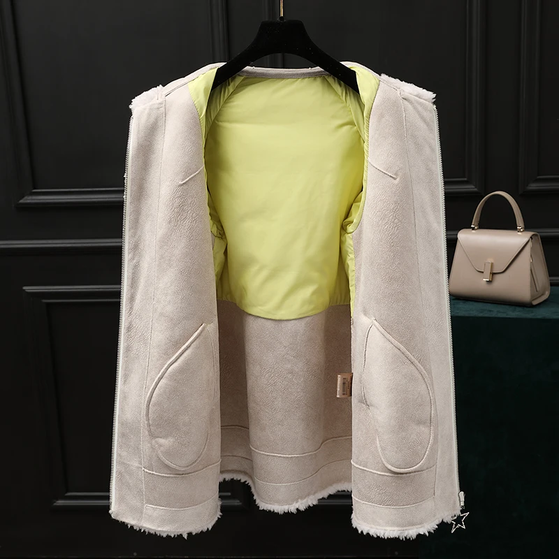 Real Fur Coat Female Winter Sheep White Duck Down Jacket Women Korean Long Shearing Coats Vintage Wool Tops 6830 | Женская одежда